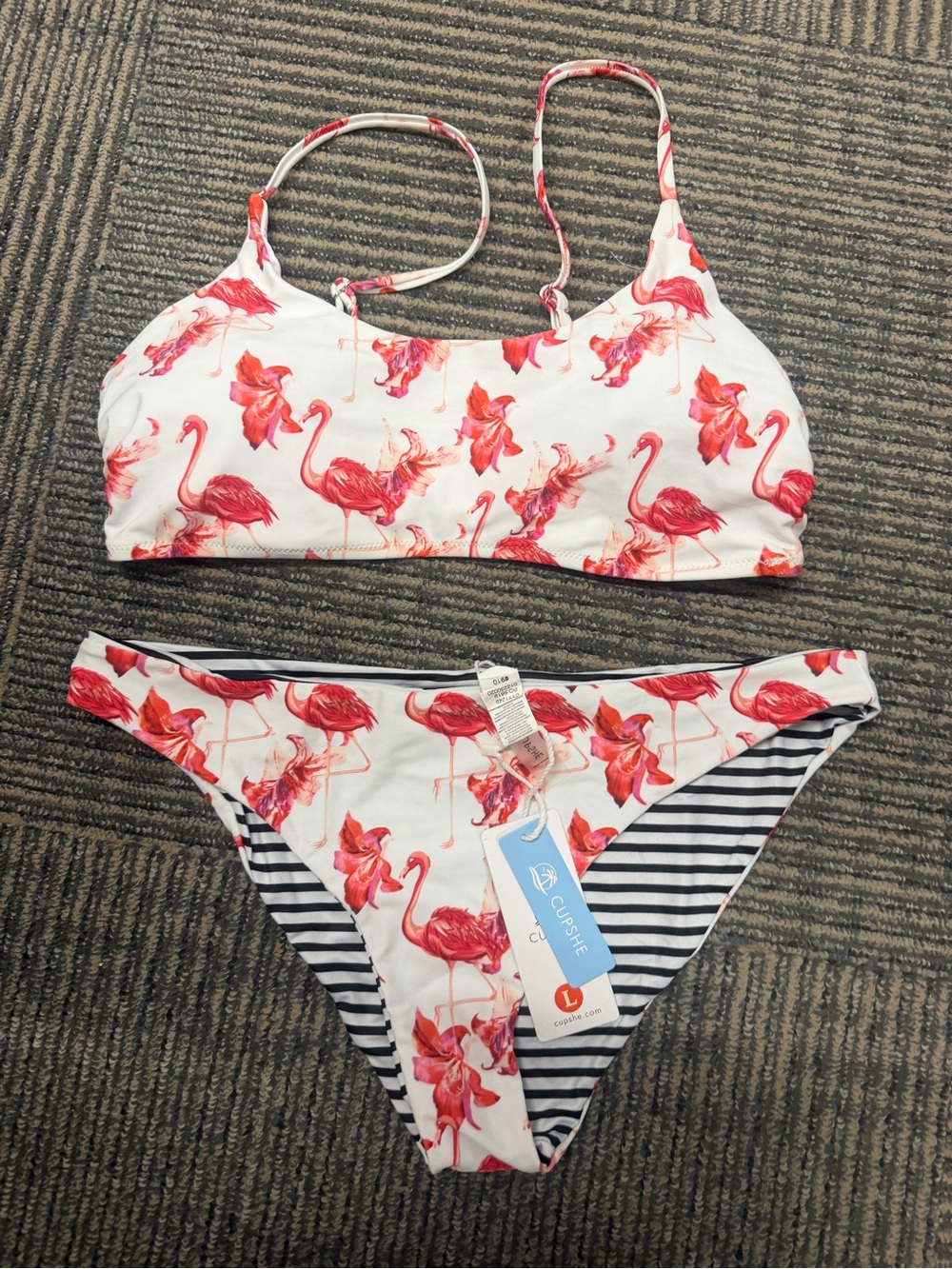 NWT Cupshe Tropical Floral Flamingo Striped Bikini Swimsuit Sz Large